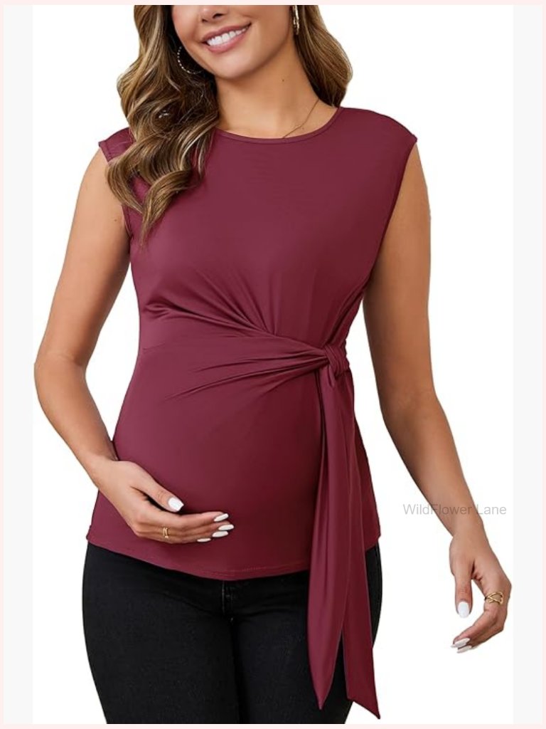 Maternity Work Blouse With Tie Belt Cap Sleeve Office Top